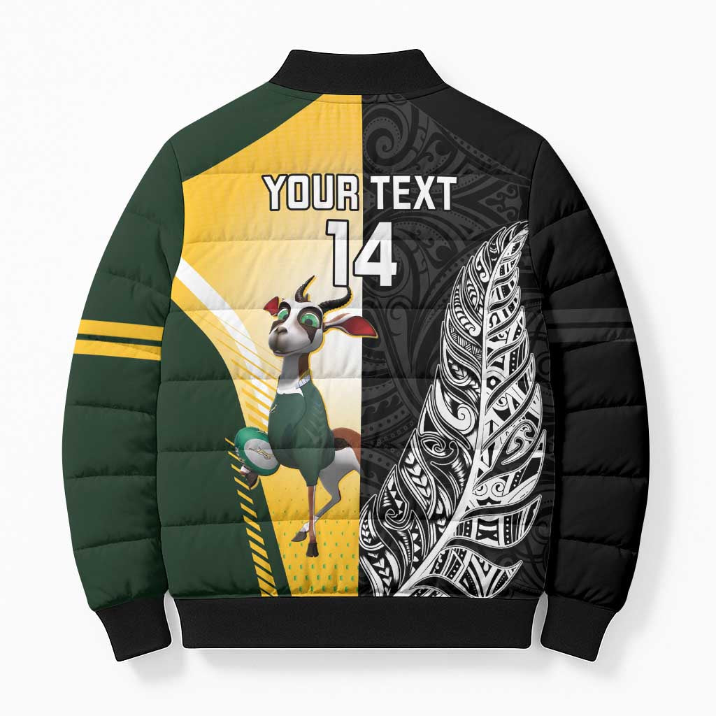 New Zealand and South Africa Rugby Custom Bomber Puffer Jacket Maori Silver Fern Springbok Together - Polynesian Pride