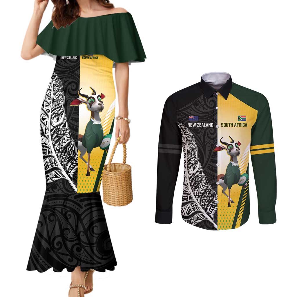 New Zealand and South Africa Rugby Custom Couples Matching Mermaid Dress and Long Sleeve Button Shirt Maori Silver Fern Springbok Together - Polynesian Pride