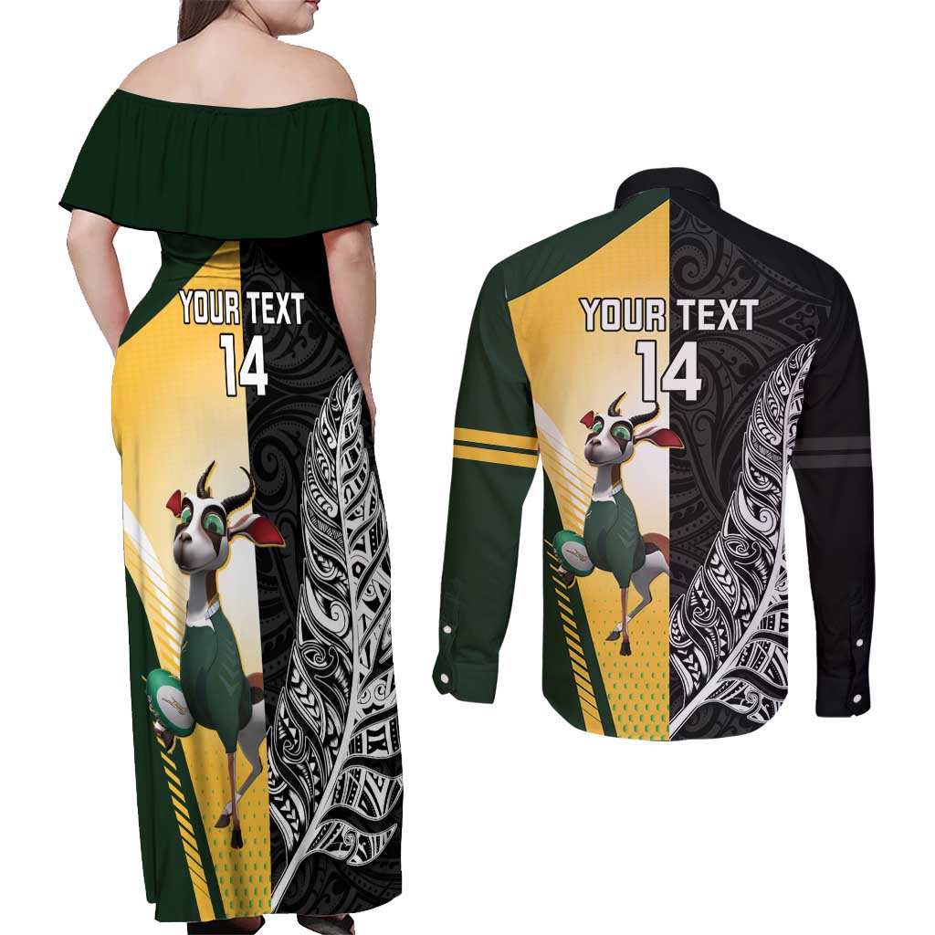 New Zealand and South Africa Rugby Custom Couples Matching Off Shoulder Maxi Dress and Long Sleeve Button Shirt Maori Silver Fern Springbok Together LT14 - Polynesian Pride