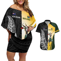 New Zealand and South Africa Rugby Custom Couples Matching Off Shoulder Short Dress and Hawaiian Shirt Maori Silver Fern Springbok Together LT14 Black - Polynesian Pride
