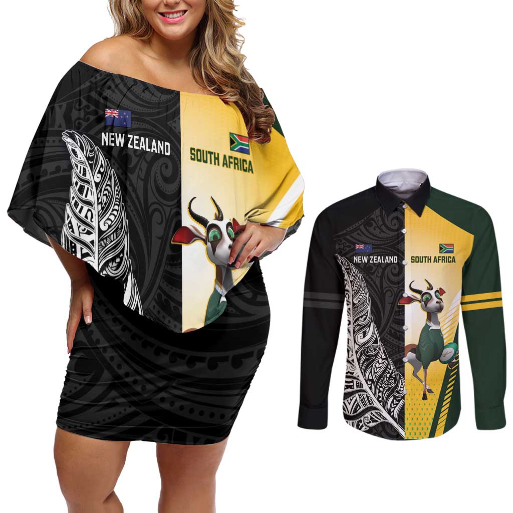 New Zealand and South Africa Rugby Custom Couples Matching Off Shoulder Short Dress and Long Sleeve Button Shirt Maori Silver Fern Springbok Together LT14 Black - Polynesian Pride