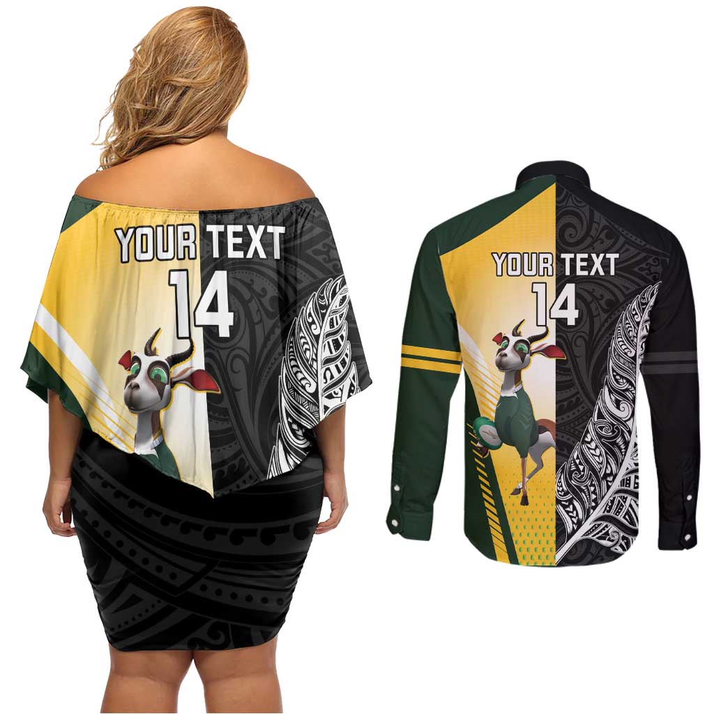 New Zealand and South Africa Rugby Custom Couples Matching Off Shoulder Short Dress and Long Sleeve Button Shirt Maori Silver Fern Springbok Together LT14 - Polynesian Pride