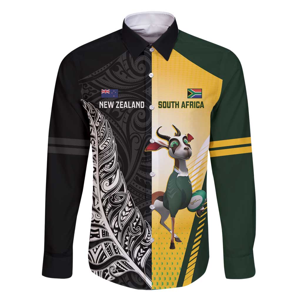 New Zealand and South Africa Rugby Custom Family Matching Long Sleeve Bodycon Dress and Hawaiian Shirt Maori Silver Fern Springbok Together - Polynesian Pride