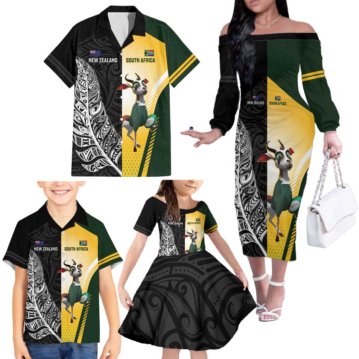 New Zealand and South Africa Rugby Custom Family Matching Off The Shoulder Long Sleeve Dress and Hawaiian Shirt Maori Silver Fern Springbok Together - Polynesian Pride