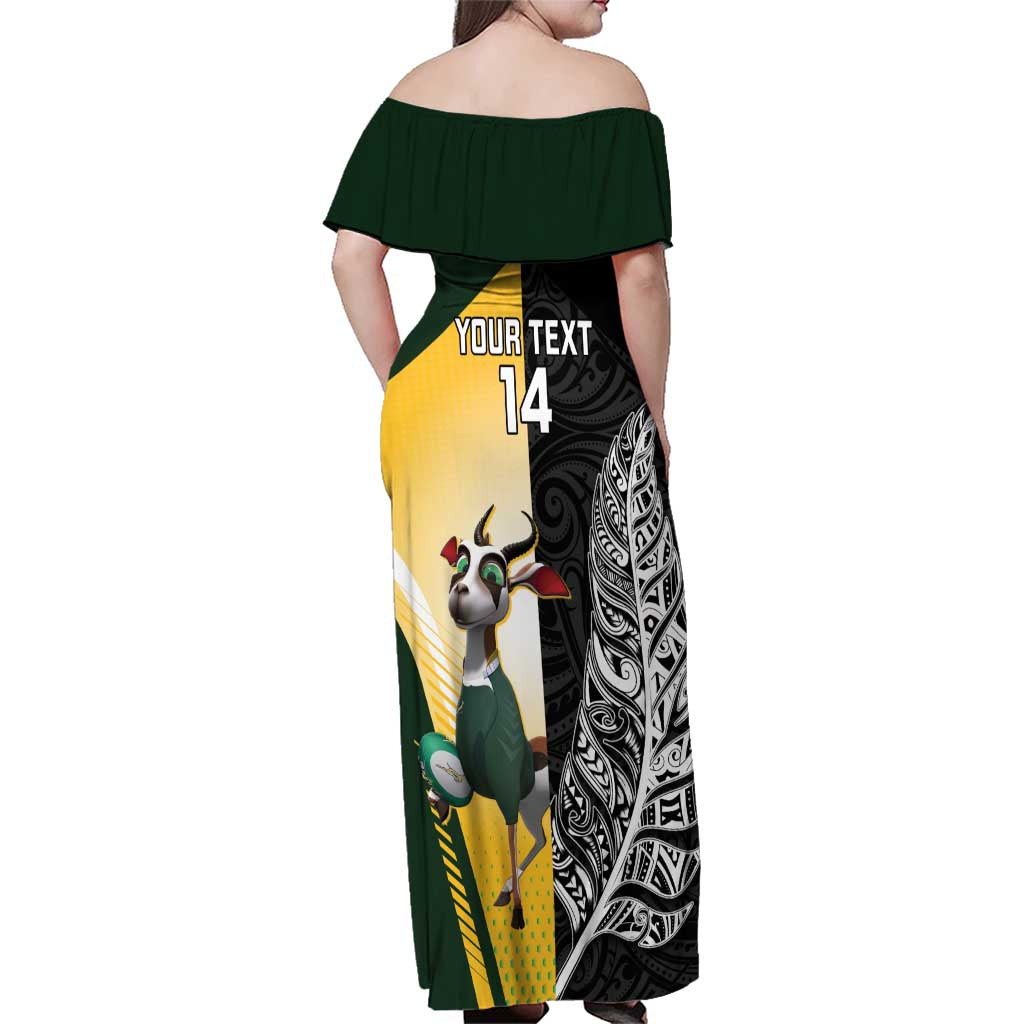New Zealand and South Africa Rugby Custom Family Matching Off Shoulder Maxi Dress and Hawaiian Shirt Maori Silver Fern Springbok Together LT14 - Polynesian Pride
