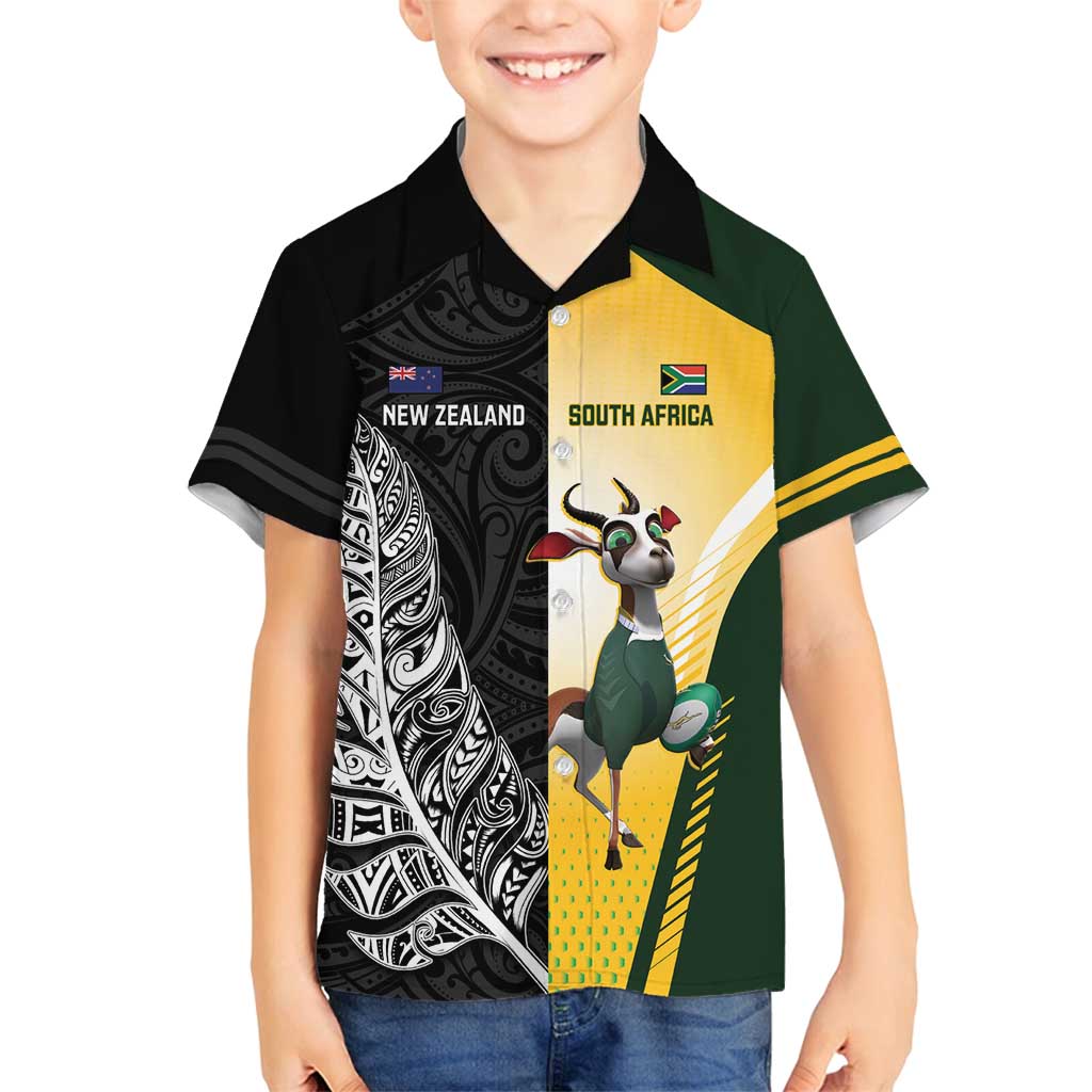 New Zealand and South Africa Rugby Custom Family Matching Off Shoulder Maxi Dress and Hawaiian Shirt Maori Silver Fern Springbok Together LT14 Son's Shirt Black - Polynesian Pride