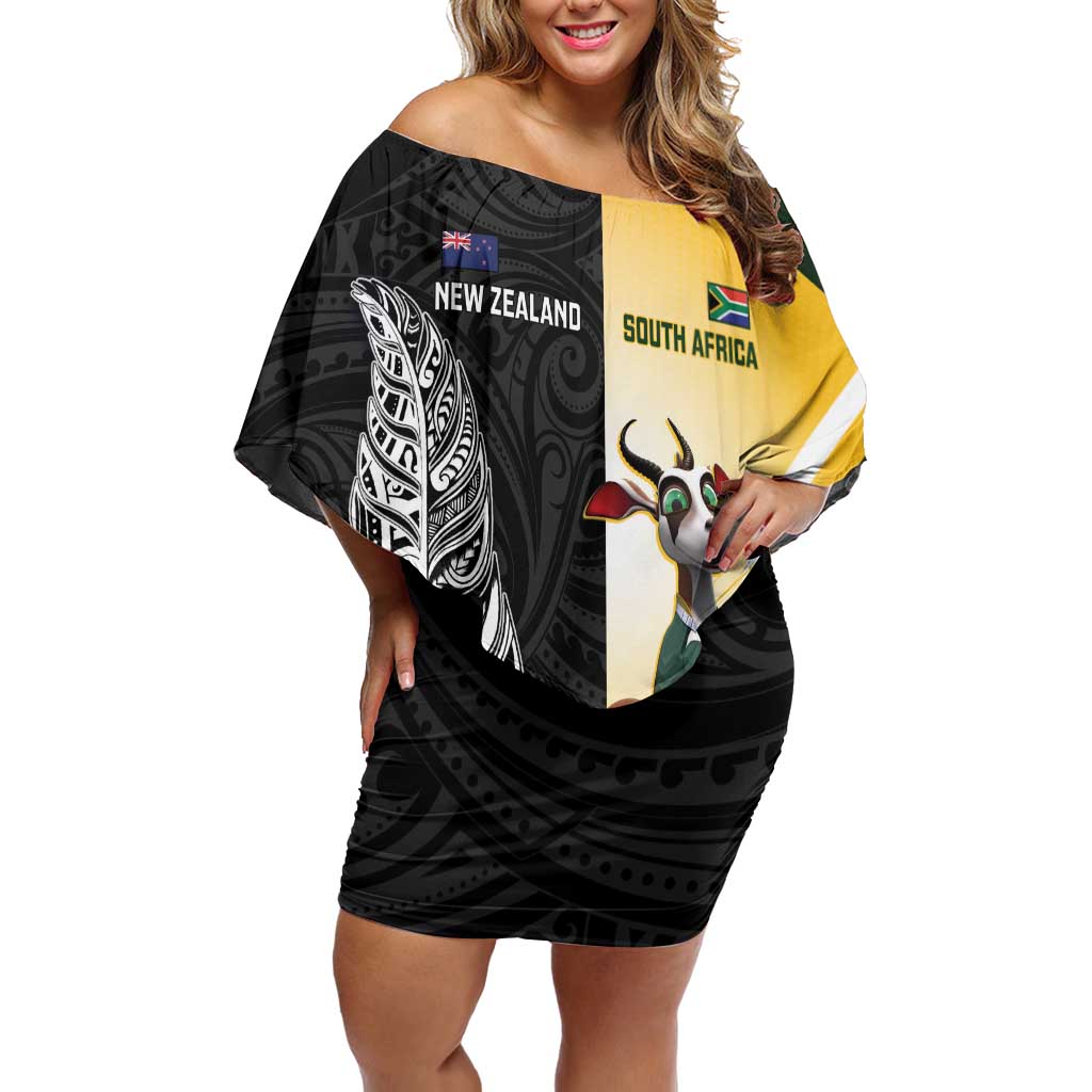 New Zealand and South Africa Rugby Custom Family Matching Off Shoulder Short Dress and Hawaiian Shirt Maori Silver Fern Springbok Together - Polynesian Pride