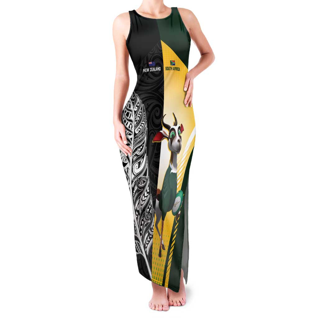 New Zealand and South Africa Rugby Custom Family Matching Tank Maxi Dress and Hawaiian Shirt Maori Silver Fern Springbok Together - Polynesian Pride