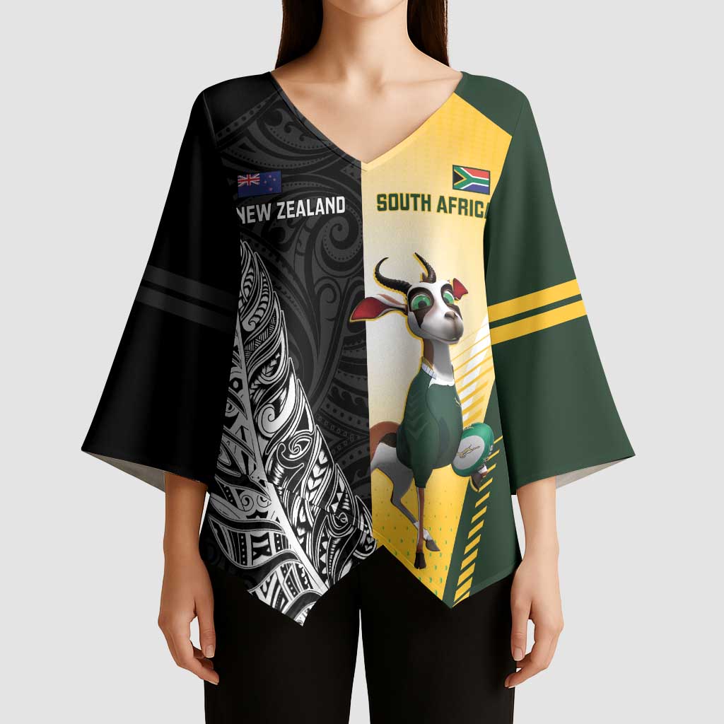 New Zealand and South Africa Rugby Custom Kimono Sleeve Blouse Maori Silver Fern Springbok Together - Polynesian Pride