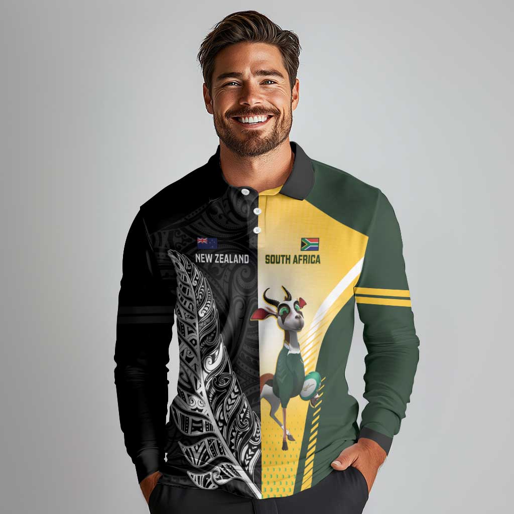 New Zealand and South Africa Rugby Custom Long Sleeve Polo Shirt Maori Silver Fern Springbok Together - Polynesian Pride