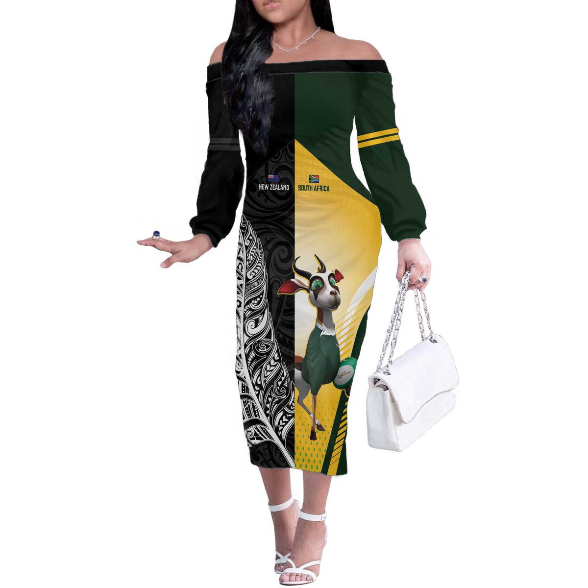 New Zealand and South Africa Rugby Custom Off The Shoulder Long Sleeve Dress Maori Silver Fern Springbok Together LT14 Women Black - Polynesian Pride
