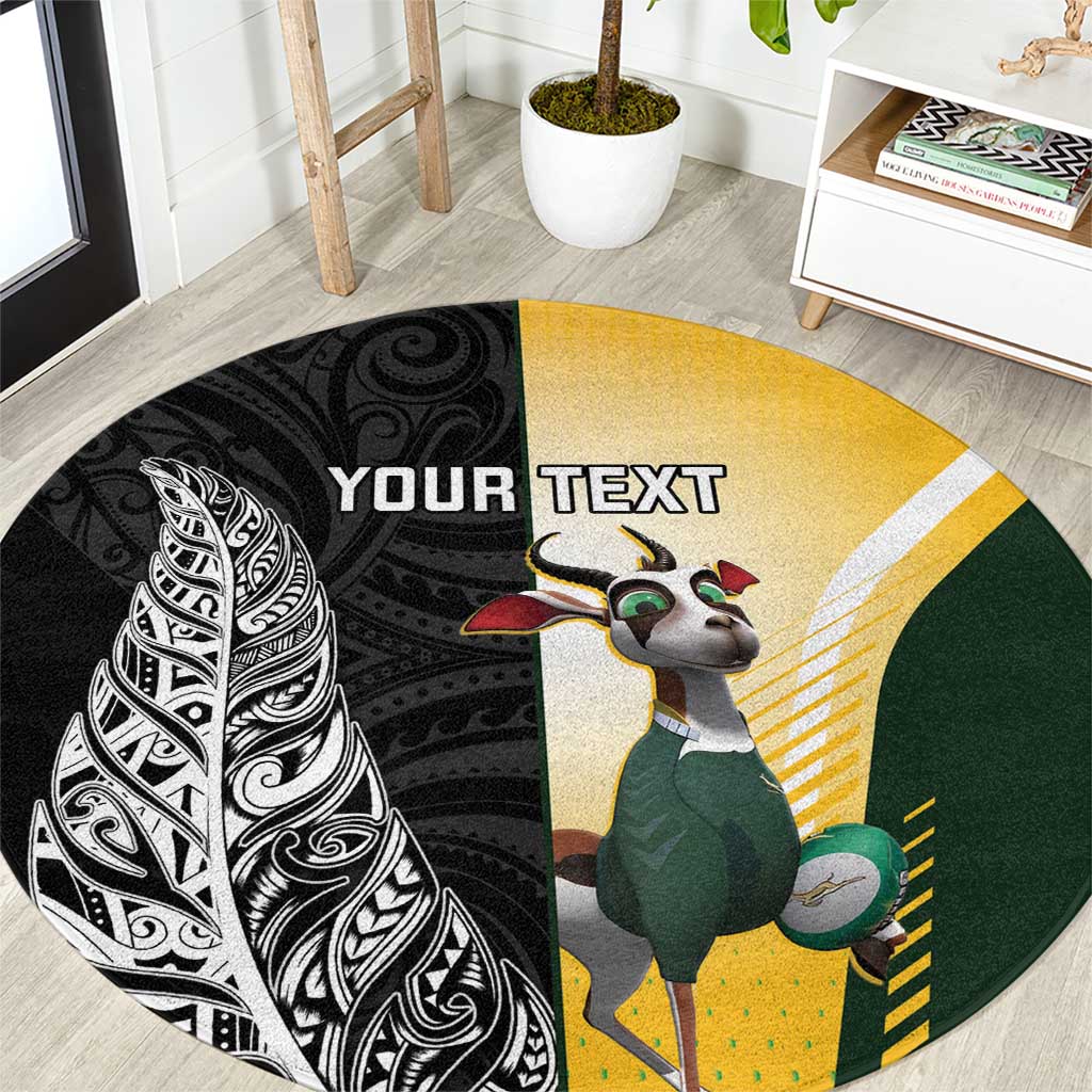 New Zealand and South Africa Rugby Custom Round Carpet Maori Silver Fern Springbok Together - Polynesian Pride