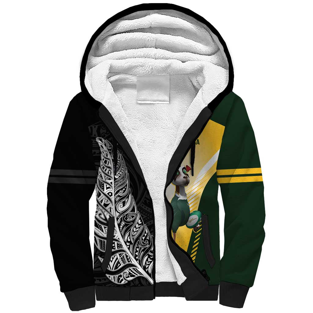 New Zealand and South Africa Rugby Custom Sherpa Hoodie Maori Silver Fern Springbok Together LT14 Unisex Black - Polynesian Pride