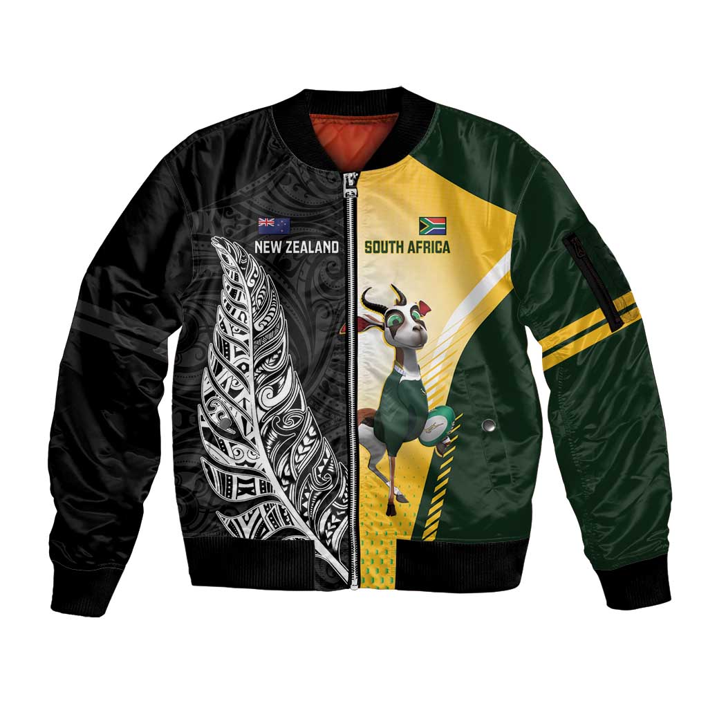 New Zealand and South Africa Rugby Custom Sleeve Zip Bomber Jacket Maori Silver Fern Springbok Together LT14 Unisex Black - Polynesian Pride