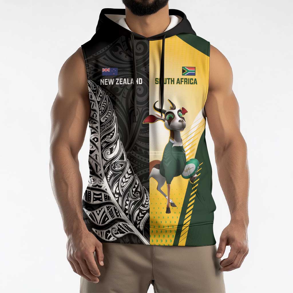 New Zealand and South Africa Rugby Custom Sleeveless Hoodie Maori Silver Fern Springbok Together - Polynesian Pride