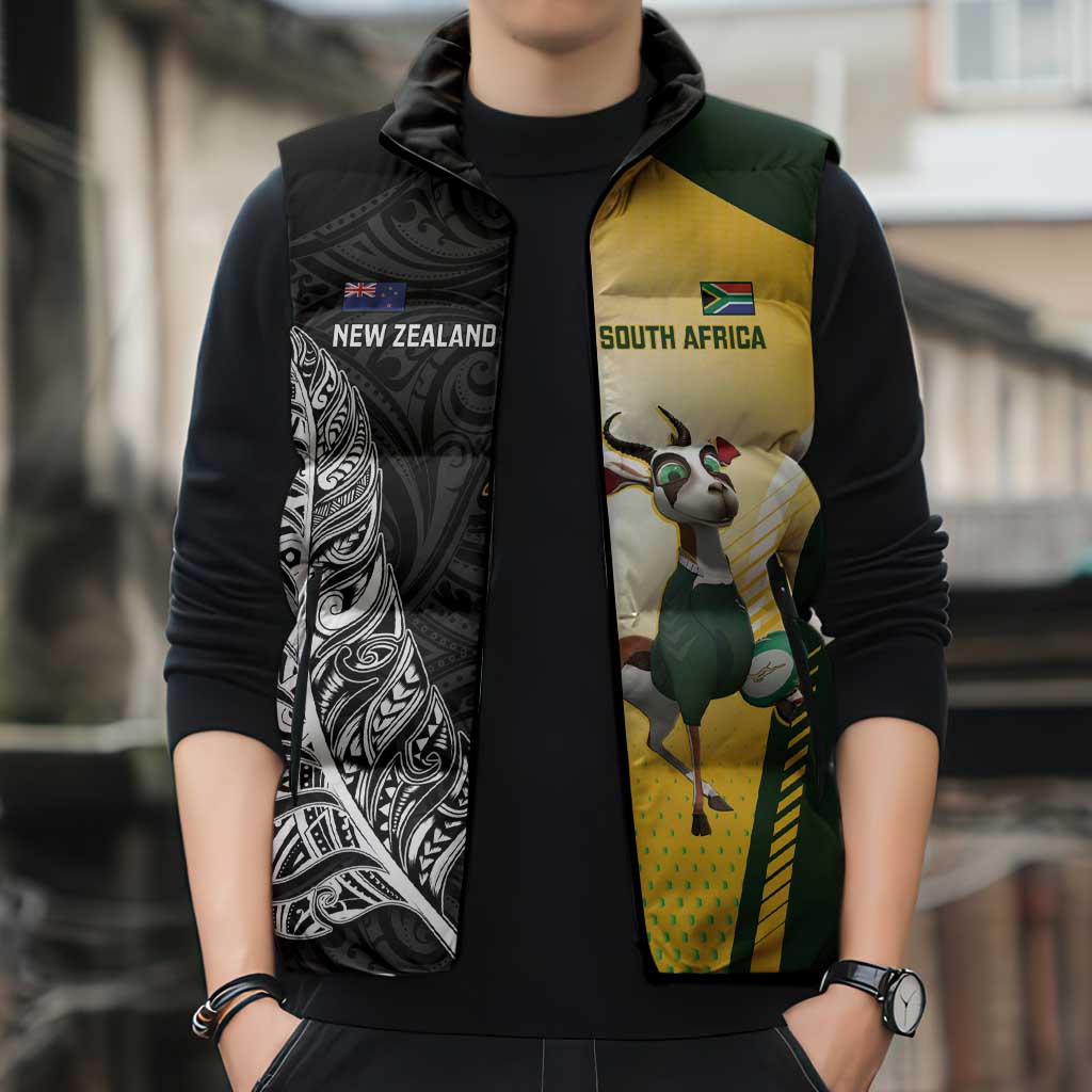 New Zealand and South Africa Rugby Custom Sleeveless Puffer Jacket Maori Silver Fern Springbok Together - Polynesian Pride