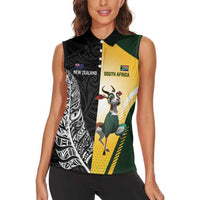 New Zealand and South Africa Rugby Custom Women Sleeveless Polo Shirt Maori Silver Fern Springbok Together - Polynesian Pride