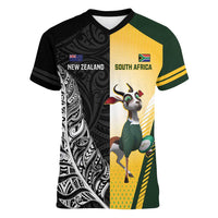 New Zealand and South Africa Rugby Custom Women V-Neck T-Shirt Maori Silver Fern Springbok Together LT14 Female Black - Polynesian Pride