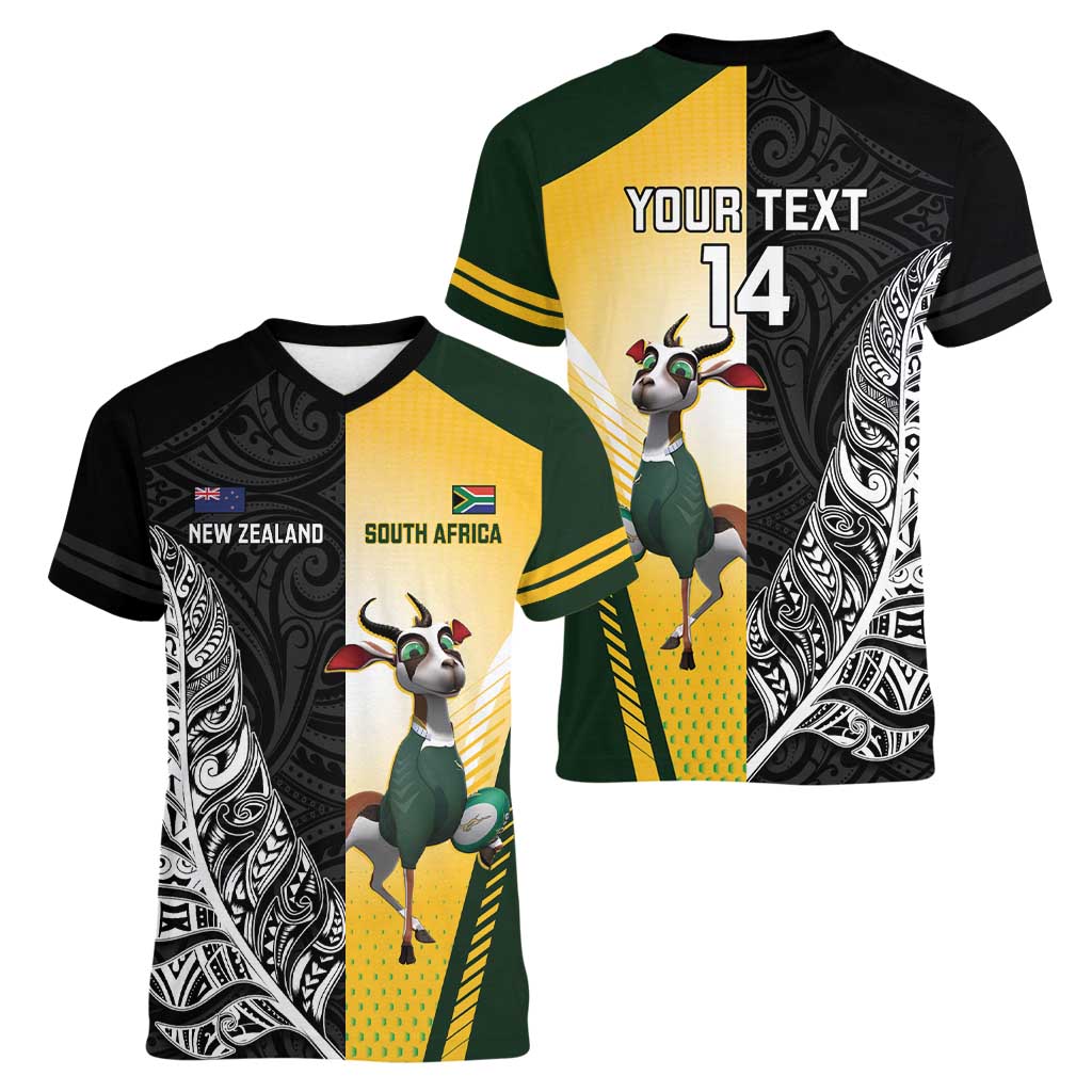 New Zealand and South Africa Rugby Custom Women V-Neck T-Shirt Maori Silver Fern Springbok Together LT14 - Polynesian Pride