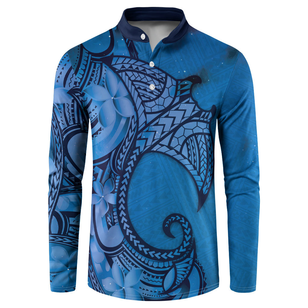 Polynesia Manta Ray Tattoo Button Sweatshirt Tropical Plumeria Blue Polynesian Pattern LT14 Blue - Polynesian Pride