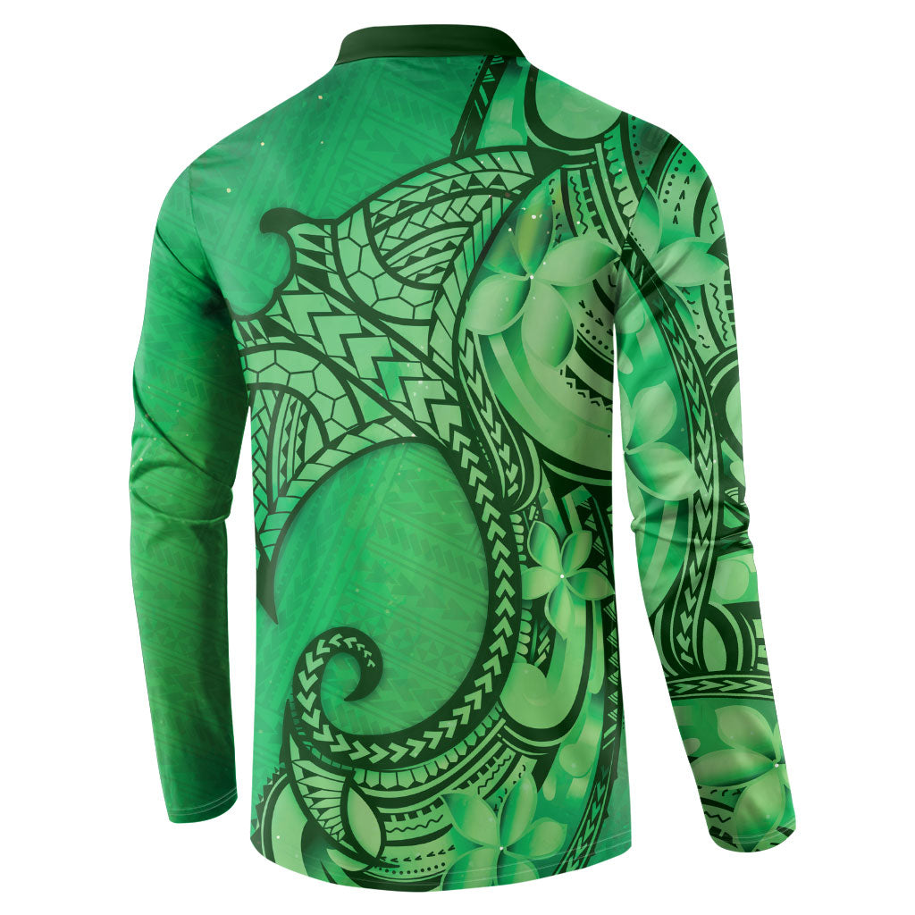Polynesia Manta Ray Tattoo Button Sweatshirt Tropical Plumeria Green Polynesian Pattern LT14 - Polynesian Pride