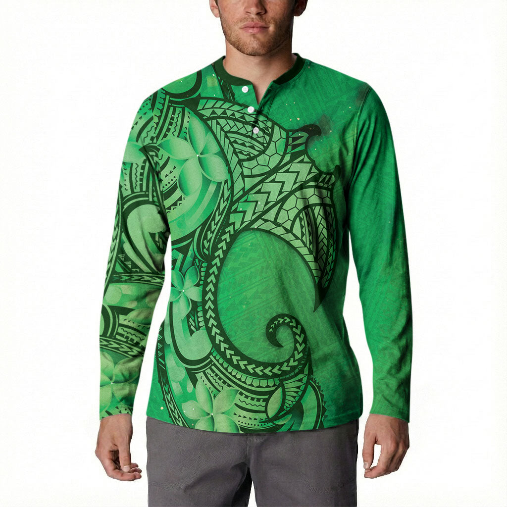 Polynesia Manta Ray Tattoo Button Sweatshirt Tropical Plumeria Green Polynesian Pattern LT14 - Polynesian Pride