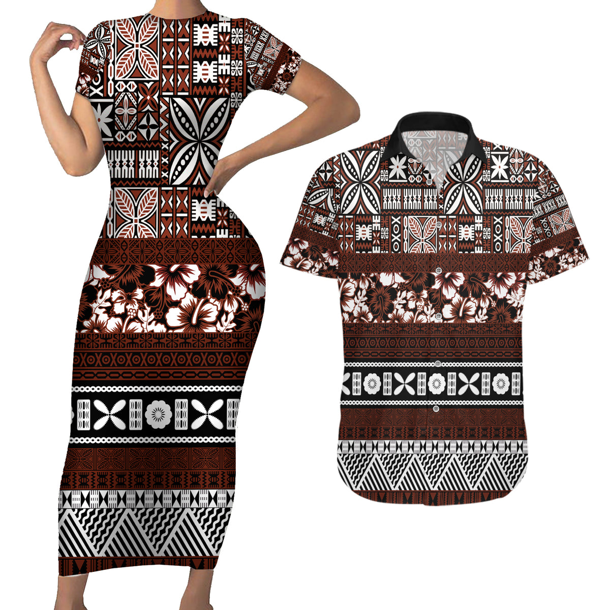 Bula Fiji Couples Matching Short Sleeve Bodycon Dress and Hawaiian Shirt Fijian Tapa Masi With Hibiscus Flowers LT14 Brown - Polynesian Pride