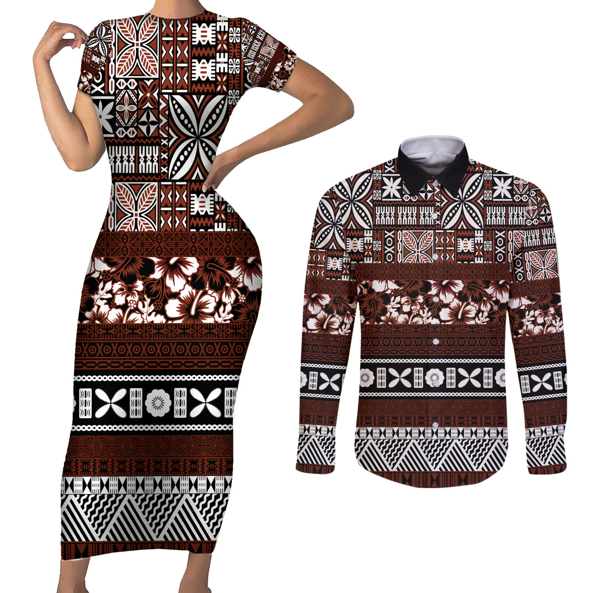 Bula Fiji Couples Matching Short Sleeve Bodycon Dress and Long Sleeve Button Shirt Fijian Tapa Masi With Hibiscus Flowers LT14 Brown - Polynesian Pride