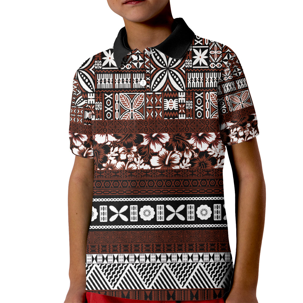 Bula Fiji Kid Polo Shirt Fijian Tapa Masi With Hibiscus Flowers LT14 Kid Brown - Polynesian Pride