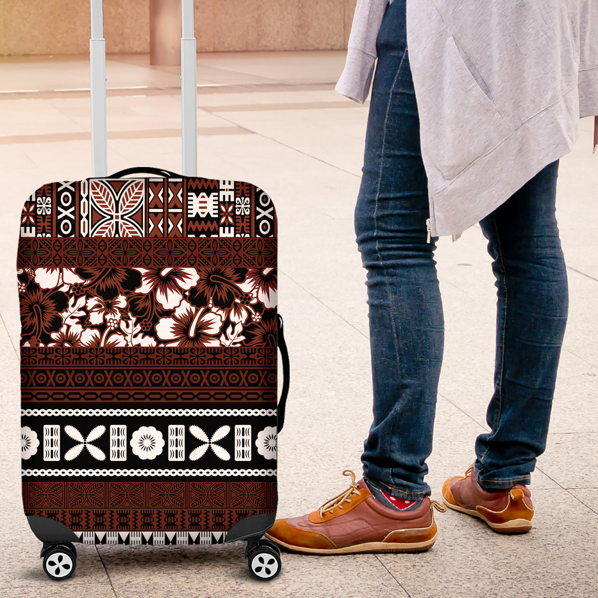 Bula Fiji Luggage Cover Fijian Tapa Masi With Hibiscus Flowers LT14 Brown - Polynesian Pride