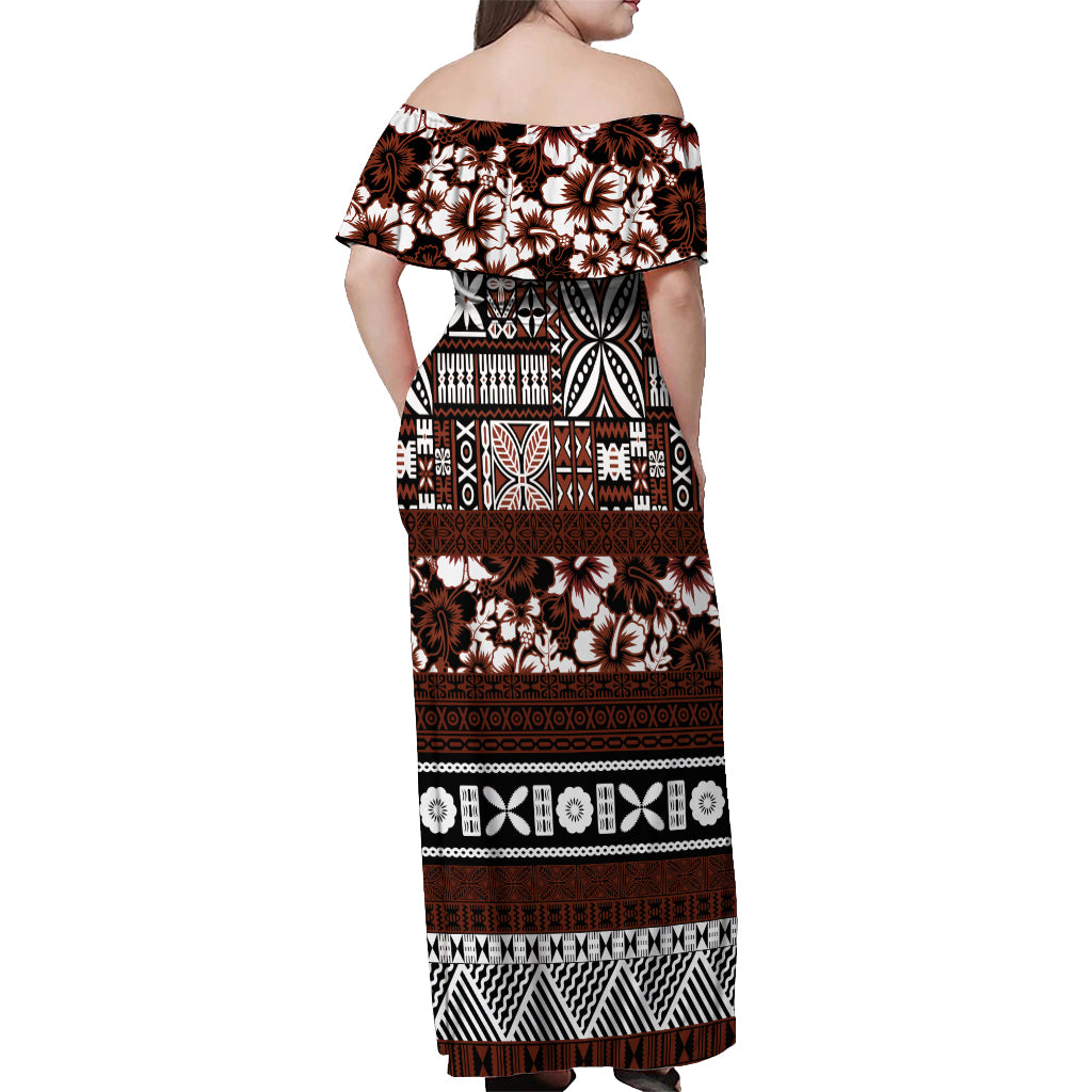 Bula Fiji Off Shoulder Maxi Dress Fijian Tapa Masi With Hibiscus Flowers LT14 - Polynesian Pride