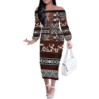 Bula Fiji Off The Shoulder Long Sleeve Dress Fijian Tapa Masi With Hibiscus Flowers LT14 Women Brown - Polynesian Pride