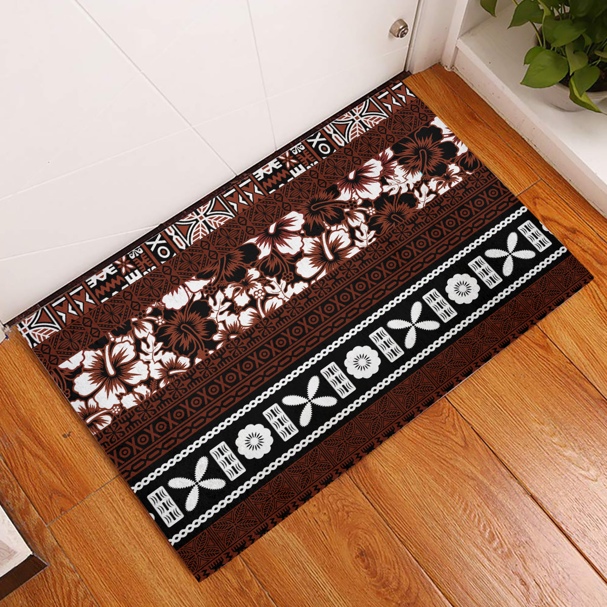 Bula Fiji Rubber Doormat Fijian Tapa Masi With Hibiscus Flowers LT14 Brown - Polynesian Pride