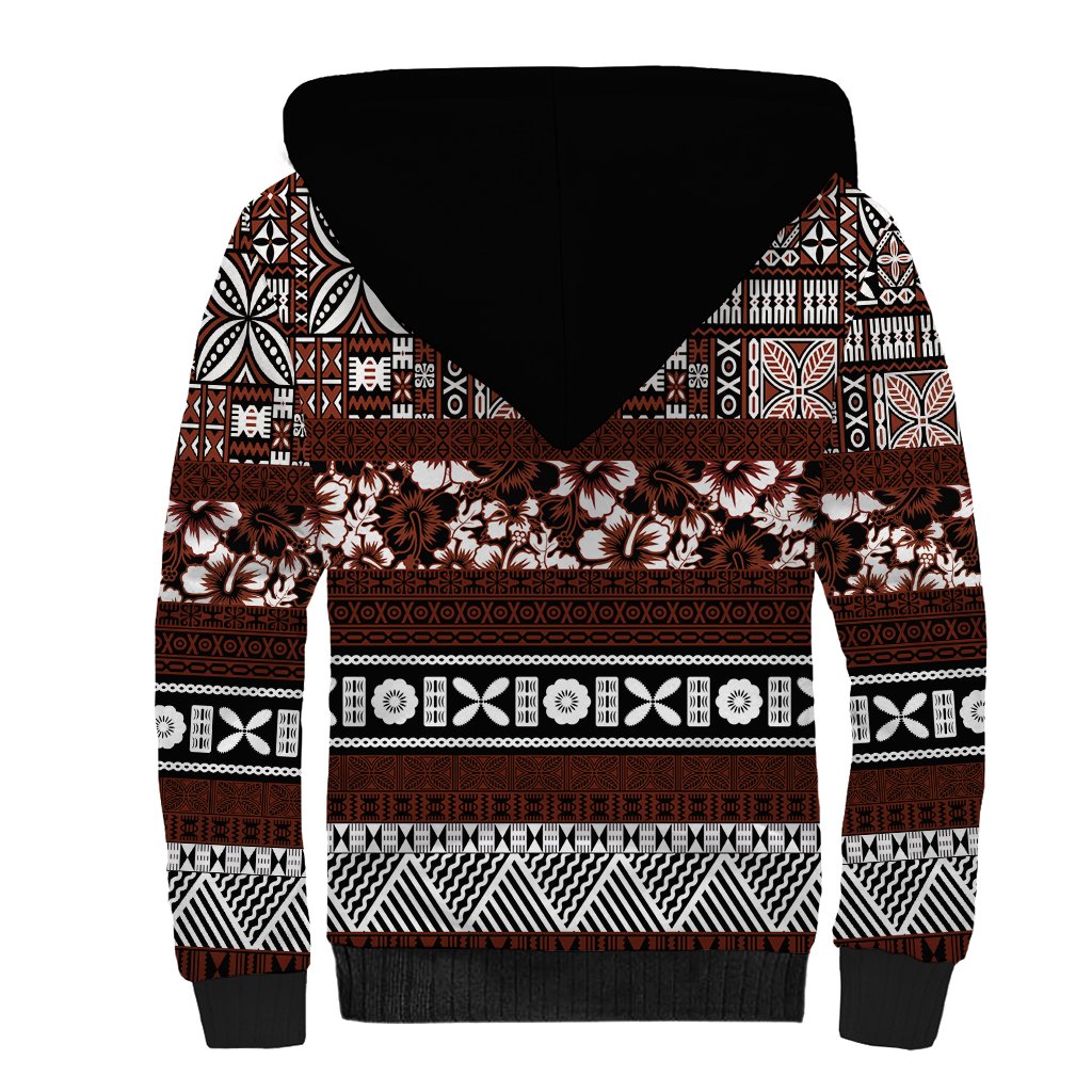 Bula Fiji Sherpa Hoodie Fijian Tapa Masi With Hibiscus Flowers LT14 - Polynesian Pride