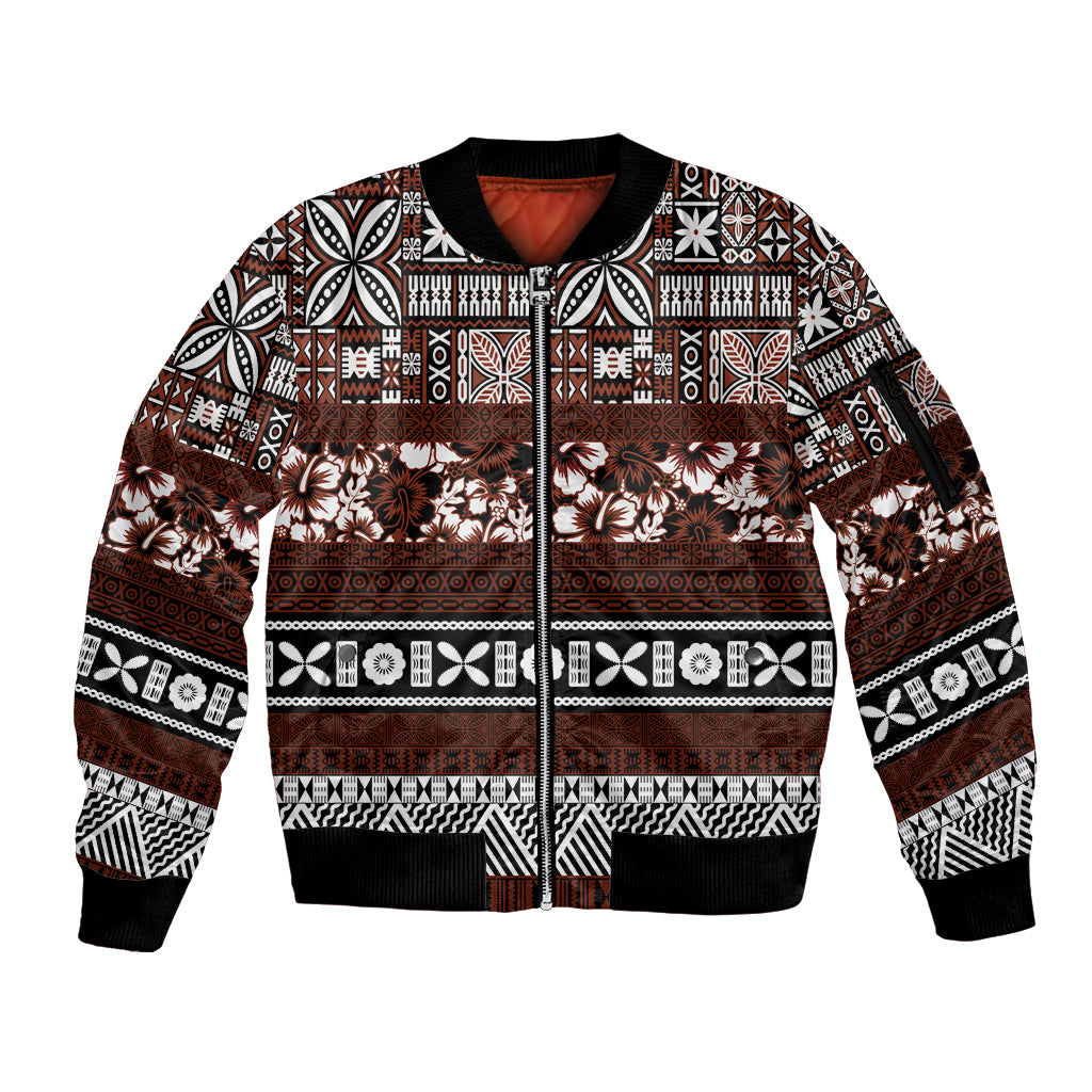 Bula Fiji Sleeve Zip Bomber Jacket Fijian Tapa Masi With Hibiscus Flowers LT14 Unisex Brown - Polynesian Pride