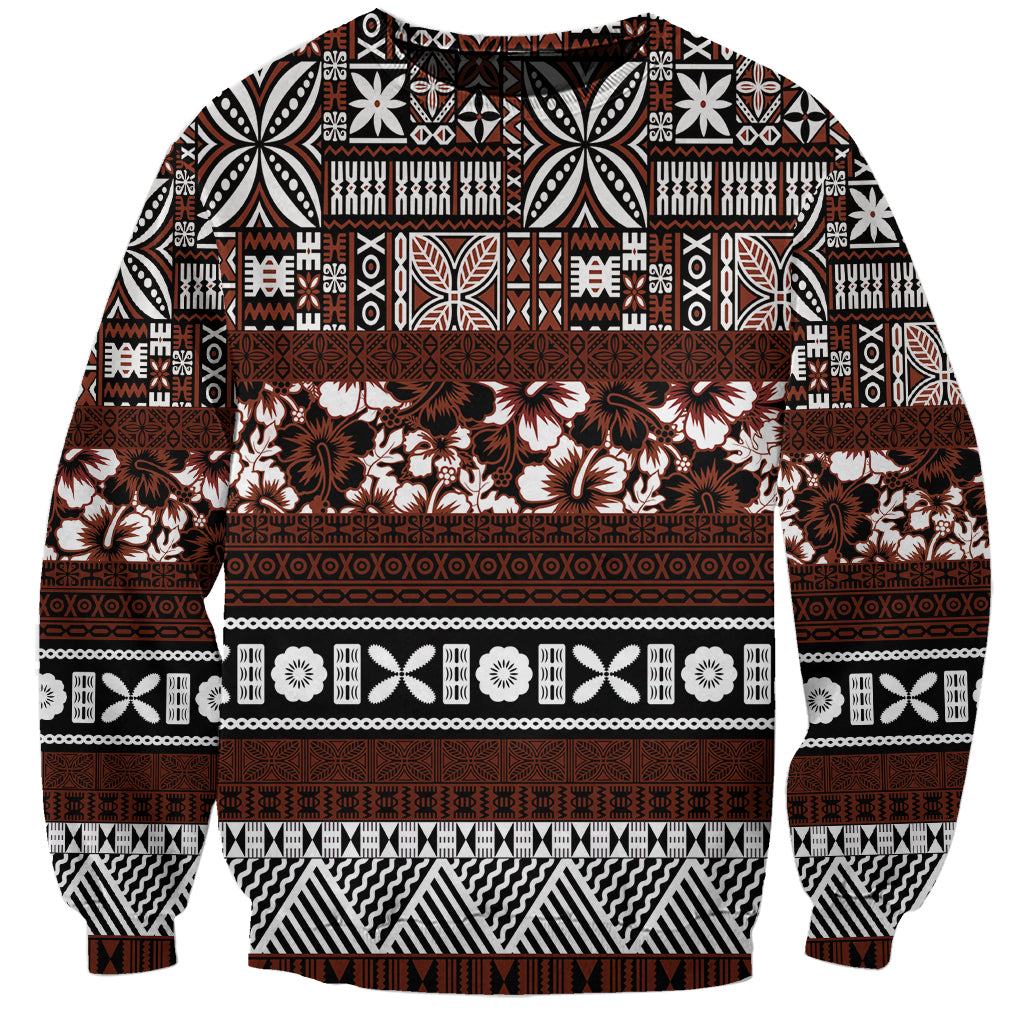 Bula Fiji Sweatshirt Fijian Tapa Masi With Hibiscus Flowers LT14 Unisex Brown - Polynesian Pride