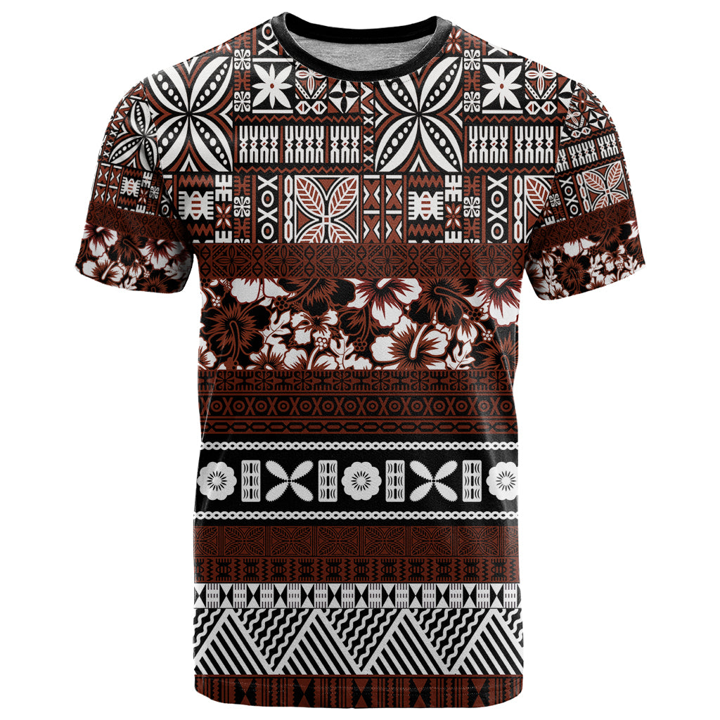 Bula Fiji T Shirt Fijian Tapa Masi With Hibiscus Flowers LT14 Brown - Polynesian Pride