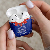 Queen Salote College 100 Years Personalized AirPods Case Tonga QSC Heilala Lei Blue Ngatu Pattern