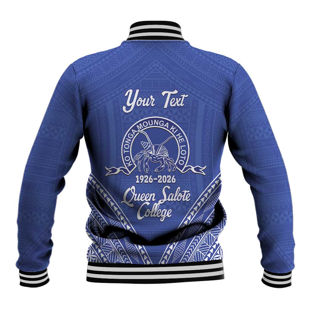 Queen Salote College 100 Years Personalized Baseball Jacket Tonga QSC Heilala Lei Blue Ngatu Pattern