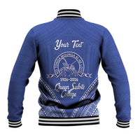 Queen Salote College 100 Years Personalized Baseball Jacket Tonga QSC Heilala Lei Blue Ngatu Pattern