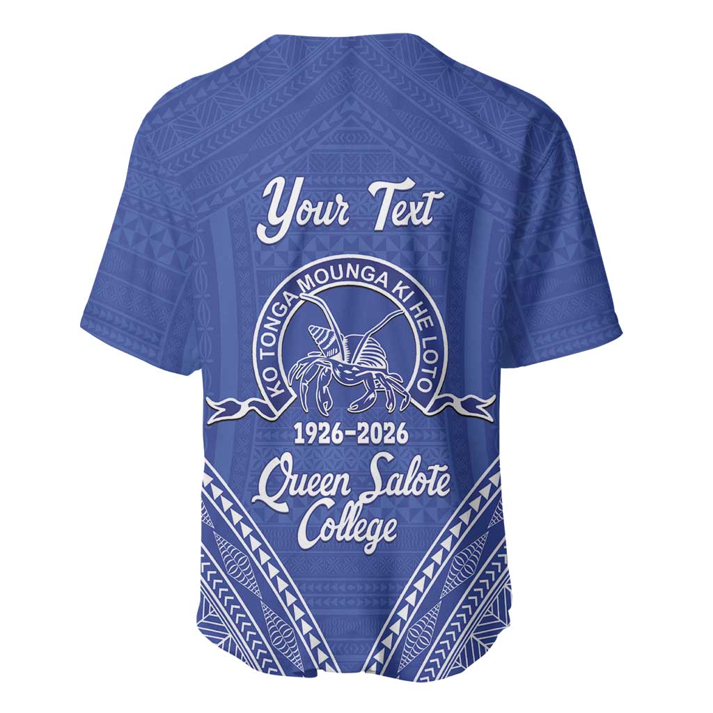 Queen Salote College 100 Years Personalized Baseball Jersey Tonga QSC Heilala Lei Blue Ngatu Pattern