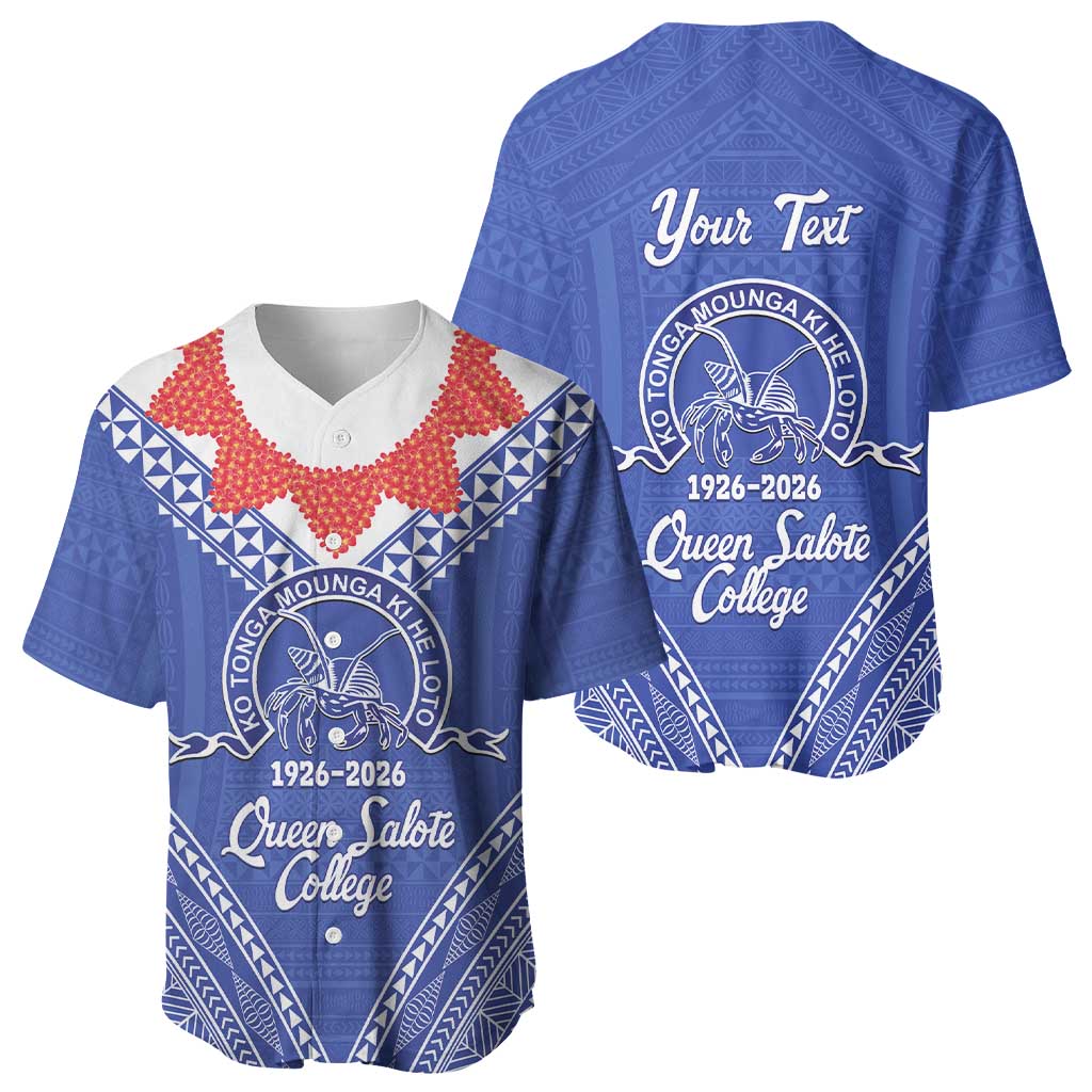Queen Salote College 100 Years Personalized Baseball Jersey Tonga QSC Heilala Lei Blue Ngatu Pattern