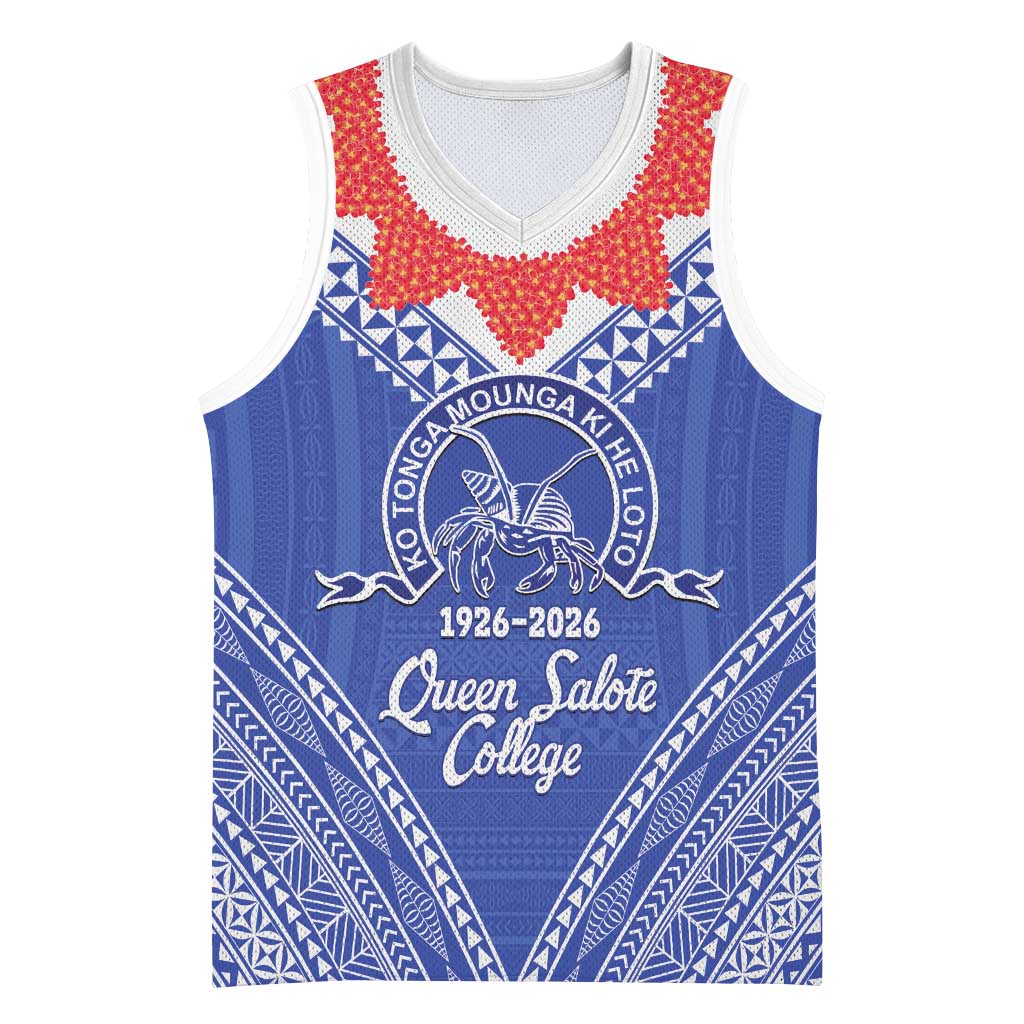 Queen Salote College 100 Years Personalized Basketball Jersey Tonga QSC Heilala Lei Blue Ngatu Pattern