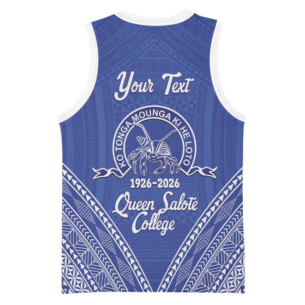 Queen Salote College 100 Years Personalized Basketball Jersey Tonga QSC Heilala Lei Blue Ngatu Pattern
