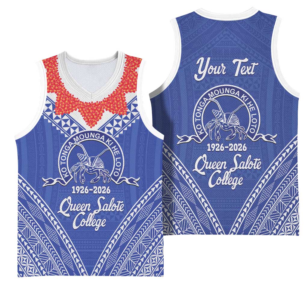 Queen Salote College 100 Years Personalized Basketball Jersey Tonga QSC Heilala Lei Blue Ngatu Pattern