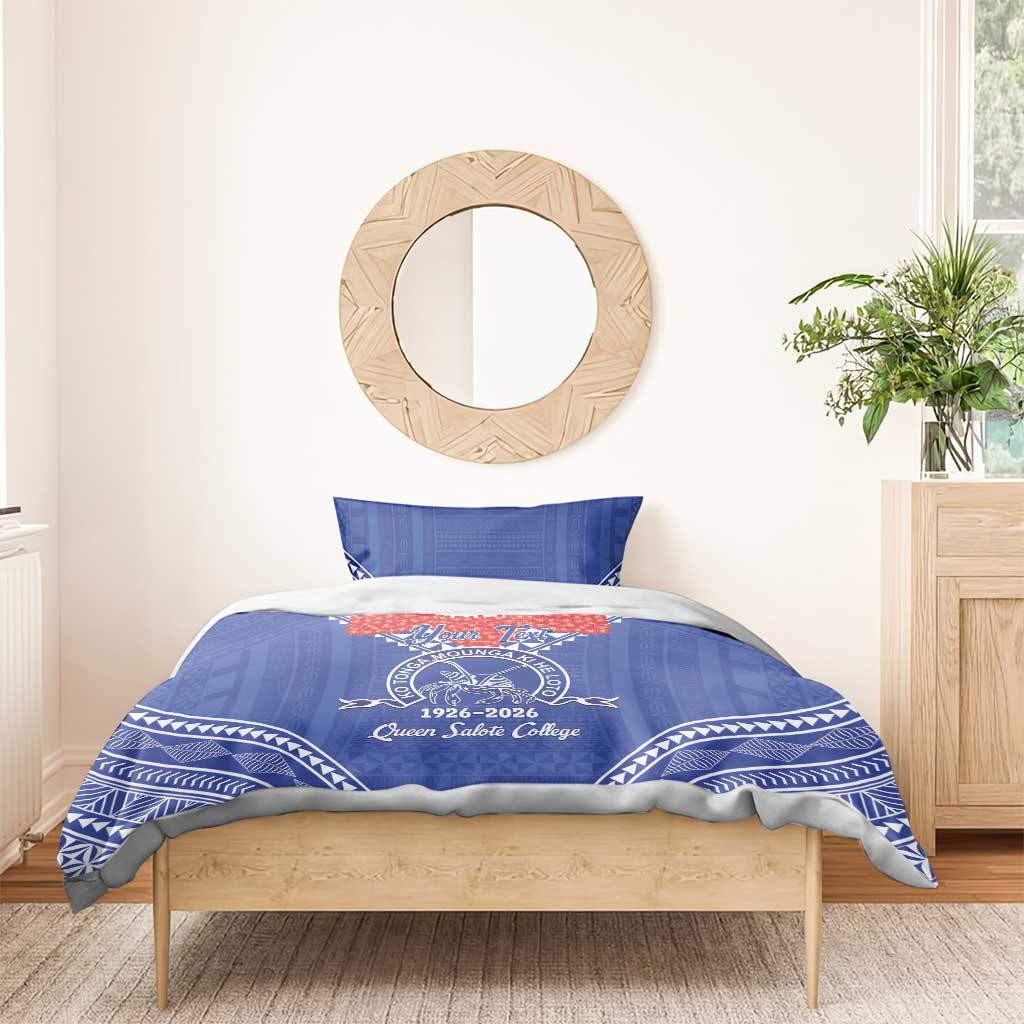Queen Salote College 100 Years Personalized Bedding Set Tonga QSC Heilala Lei Blue Ngatu Pattern