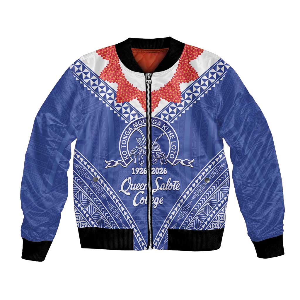 Queen Salote College 100 Years Personalized Bomber Jacket Tonga QSC Heilala Lei Blue Ngatu Pattern