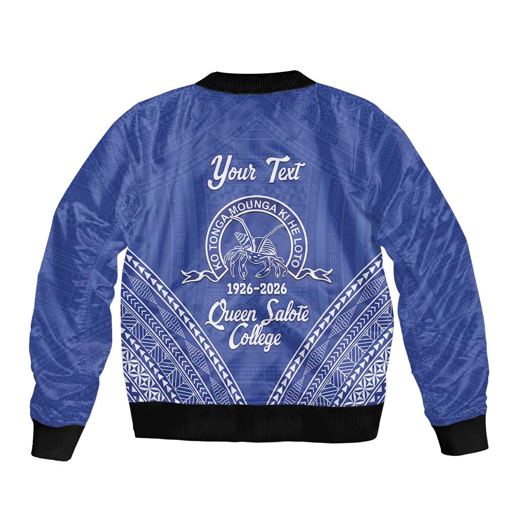 Queen Salote College 100 Years Personalized Bomber Jacket Tonga QSC Heilala Lei Blue Ngatu Pattern