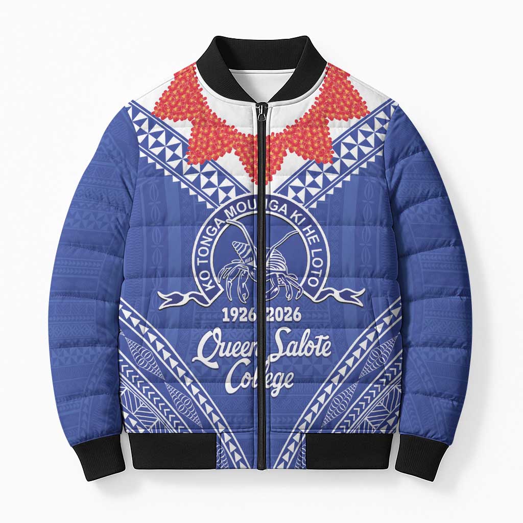 Queen Salote College 100 Years Personalized Bomber Puffer Jacket Tonga QSC Heilala Lei Blue Ngatu Pattern