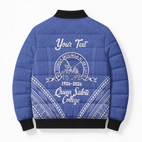 Queen Salote College 100 Years Personalized Bomber Puffer Jacket Tonga QSC Heilala Lei Blue Ngatu Pattern